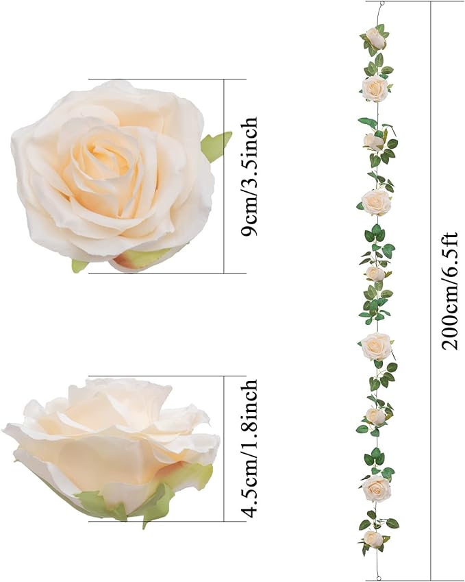 U'Artlines 5 Pack Artificial Champagne Rose Vines Floral Garlands Total 32.5 Ft Fake Vine Silk Flower Garland for Indoor Outdoor Home Wedding Arch Garden Wall Decoration
