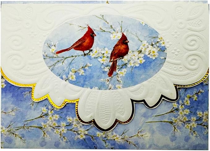 Poster Foundry Set of 3 - Red Cardinals on blue Boxed Note Cards by Carol Wilson. 10 embossed 4x5 Die-Cut Notecards and Matching Envelopes in Decorative Gift Box with Magnetic Flap. NCP2700