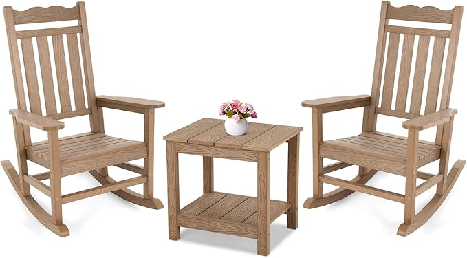 Stoog 3-Piece All-Weather Rocking Chairs Set of 2 with Table, Outdoor Rocking Chair with 400 lbs Weight Capacity, Rocking Chairs for Porch, Backyard, Lawn, Garden and Indoor, Teak