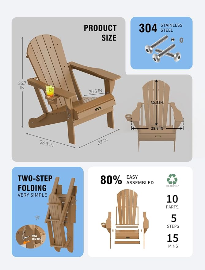 Carauci Plastic HDPE Adirondack Chair, Folding Adirondack Chair Weather Resistant with Cup Holder, Wooden Textured Fire Pit Outdoor Chair for Garden, Porch, Lawn, Backyard, Supports 380LBS, Teak