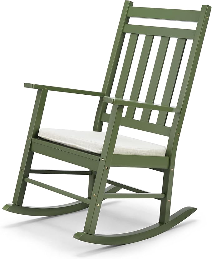Outvita Outdoor Rocking Chair, Solid Wood High Back Rocker, All Weather Lounge Chair with Padded Cushions for Porch Patio Fire Pit Garden Backyard Deck Indoor, Green