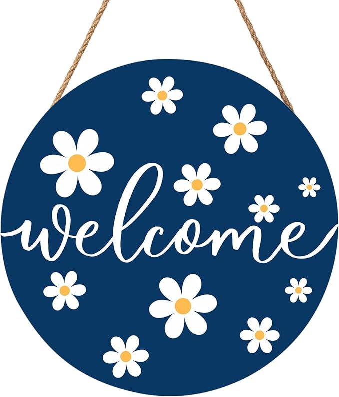 Spring White Daisy Flower Door Sign For Front Door Decor,Daisy Welcome Blue Wooden Sign 12"x 12" Round Spring Hanging Door Sign Decoration for Wall Rustic Decor