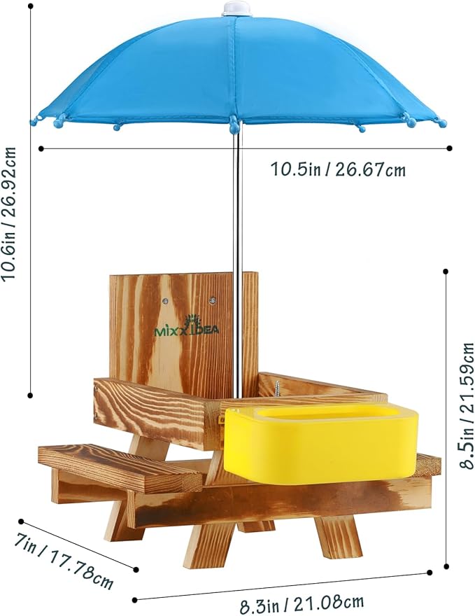 MIXXIDEA Wooden Squirrel Feeder Table with Water Bowl, Squirrel Picnic Table for Outside with Umbrella, Brown Squirrel Feeder with Corn Cob Holder Cute Chipmunk Feeder (Blue)