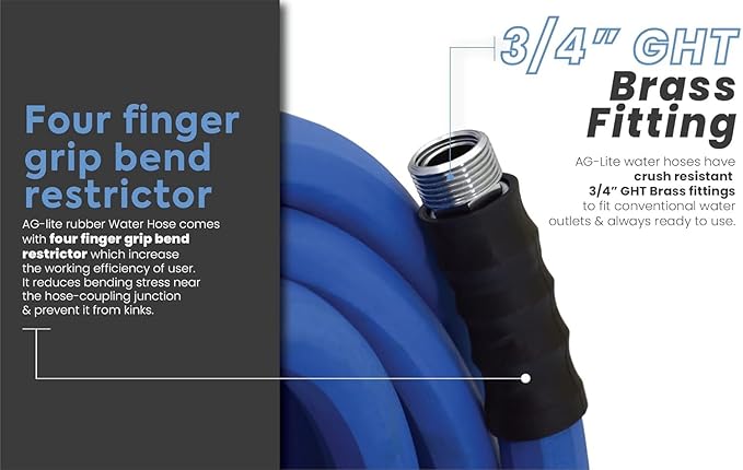 AG-LITE BSAL5825 5/8" x 25' Hot/Cold Water Rubber Garden Hose, 100% Rubber, Ultra-Light, Super Strong, 500 PSI, 50F to 190F Degrees, High Strength Polyester Braided