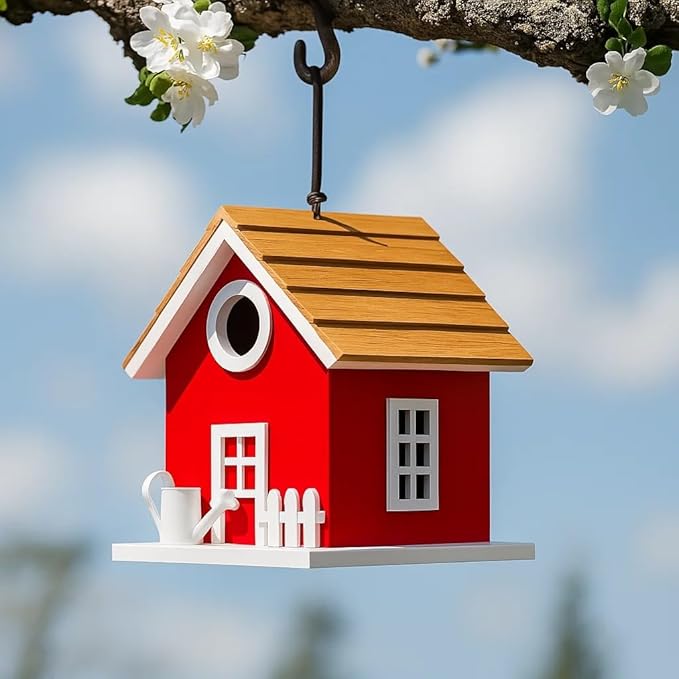 Vinyl Water Proof Bird House for Outside, Shingle Roof Bluebird House Nesting Box, Squirrel Proof Hanging Birdhouse, 5 Years Weatherable for Outdoor Decoration,Bird Box for Pole (Red)