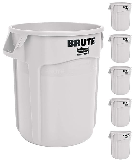 Rubbermaid Commercial Products BRUTE Heavy-Duty Round Trash/Garbage Can, 20-Gallon, White, Outdoor Waste Container for Landscapers/Construction/Restaurants/Back of House/Offices/Warehouses, Pack of 6