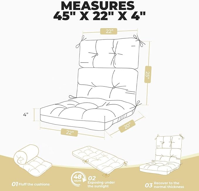 Outdoor/Indoor High Back Chair Cushion, Waterproof Outdoor Rocking Chair Cushion with Ties, Tufted Replacement Seat Cushions for Outdoor Furniture, Khaki