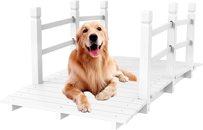 VINGLI Garden Bridge, Classic Wooden Bridge with Safety Rails, Decorative Arched Footbridge (White, 5 ft)