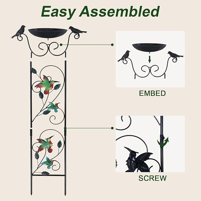 hogardeck 2 Pack 35” Metal Bird Bath with Garden Trellis for Climbing Plants Outdoor, Vintage Detachable Decorative Birdbath Bowl, Metal Plant Support for Climbing Flowers