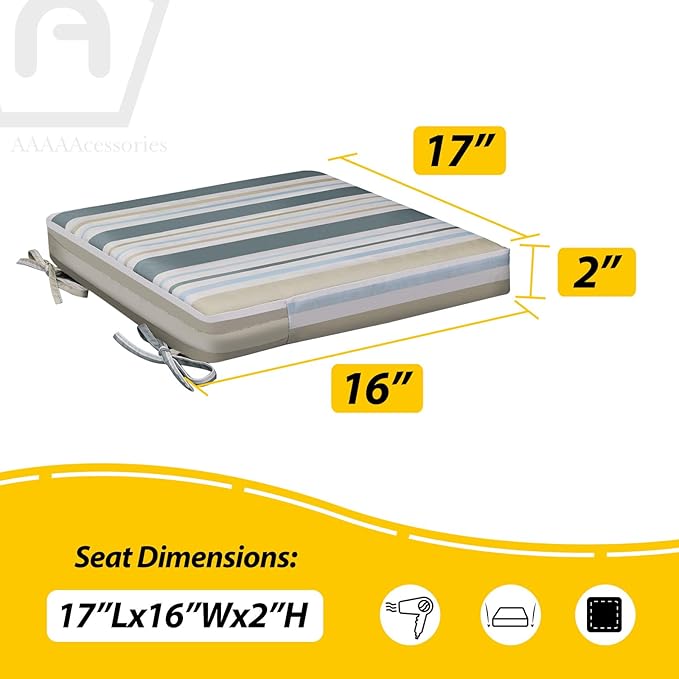AAAAAcessories Outdoor Seat Cushions for Chairs, Waterproof, Fade-Resistant, 17" x 16" x 2", Patio Furniture Replacement Cushions, Set of 2, Slate Gray Blue Coastal Stripe
