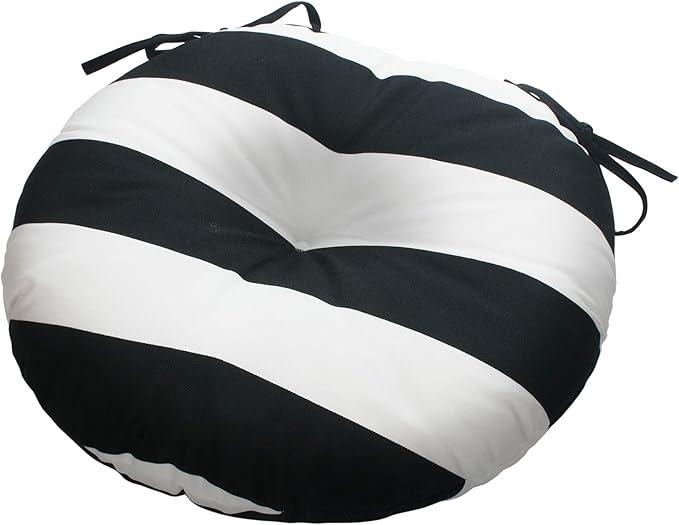 Magpie Fabrics Outdoor Round Bistro Seat Cushions with Ties, 15"x15"x4" Set of 2, Tufted Waterproof Barstool Chair Pads for Patio Home Garden Office, Black White