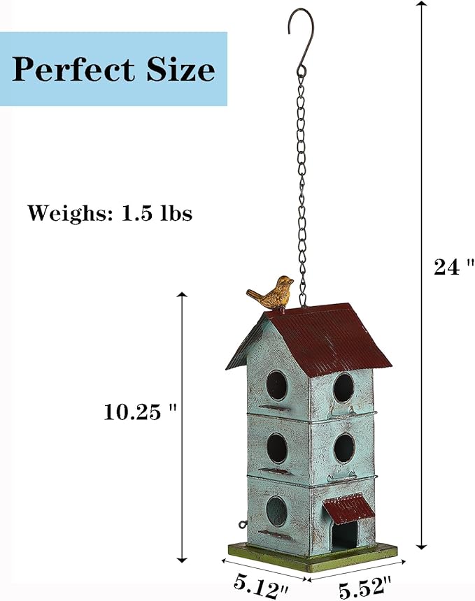 Metal Bird Houses for Outside, 6 Hole Bird Houses for Outside Hanging, Sky Blue Birdhouses for Outdoors Clearance Suitable for Garden Patio Backyard.