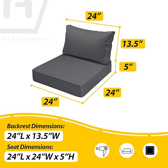 AAAAAcessories Outdoor Seat Cushions for Chairs, Fade-Resistant, Waterproof Patio Furniture Replacement Cushions, 24" x 24" x 5" + 24" x 13.5", Dark Gray