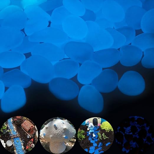 GLOCARNIVAL Glow Pebbles, 300 pcs Blue Glowing Rocks for Outdoor Decor, Garden Lawn Yard, Aquarium, Walkway, Fish Tank, Pathway, Luminous Pebbles Powered by Light or Solar