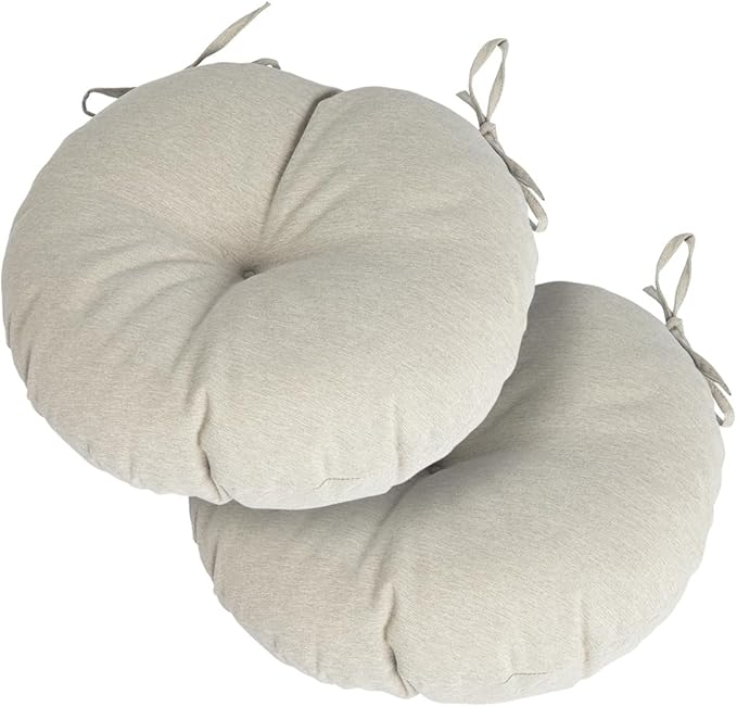 Magpie Fabrics Outdoor 15"x15"x4" Round Bistro Seat Cushions with Ties Set of 2, Tufted Waterproof Patio Floor Chair Pads for Home Garden Balcony Kitchen Office Porch, Taupe