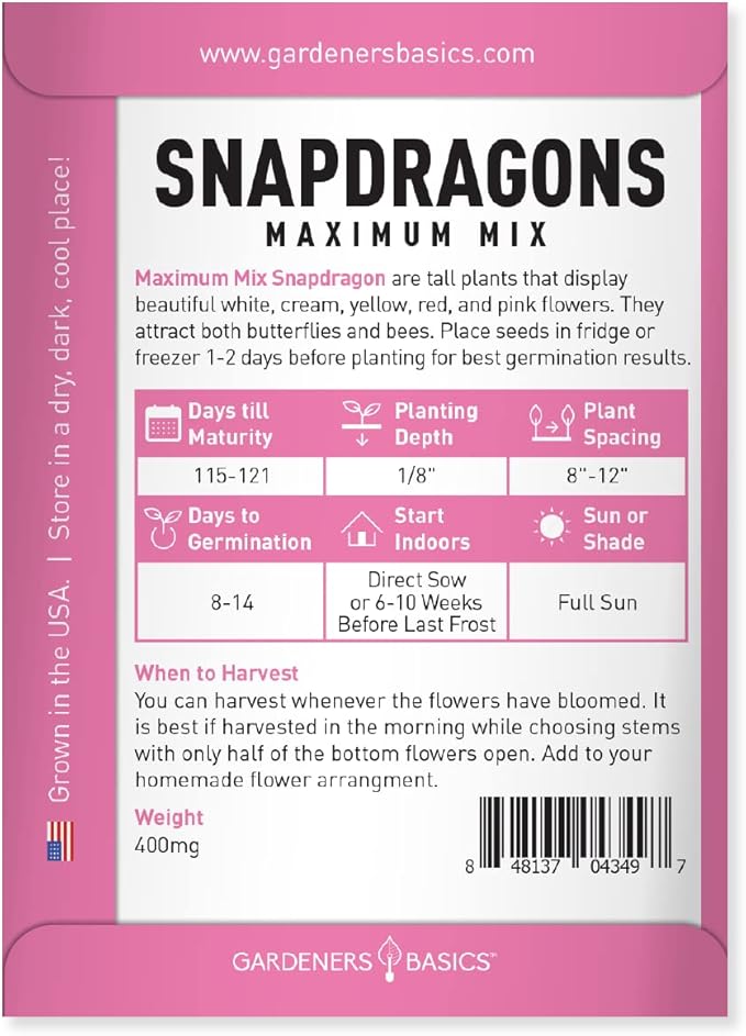 Gardeners Basics, Snapdragon Seeds for Planting (Maximum Mix Snap Dragon) Annual Flower Heirloom, Non-GMO Variety- 400mg Seeds Great for Summer Seeds for Gardening Flowers Gardens
