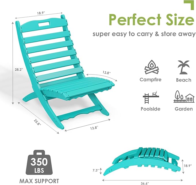 GREENVINES Folding-Xavier-Chairs Set of 2 | Wave | Portable Adirondack-Chair | HDPE Plastic | All Weather Fire-Pit Chair | Aqua | for Beach Outdoor Deck Poolside Garden Patio Porch Fishing