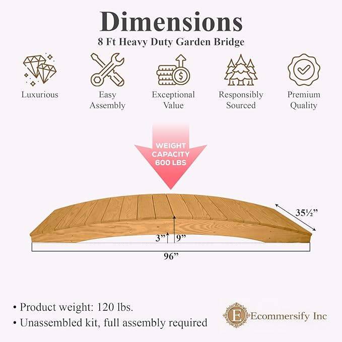 8 FT Oak Amish Made Pinewood Heavy Duty Garden Bridge for Walkway, Backyard Pond & Landscaping, Outdoor Wooden Footbridge for Koi Pond, Japanese Style Decorative Bridge, Made in USA