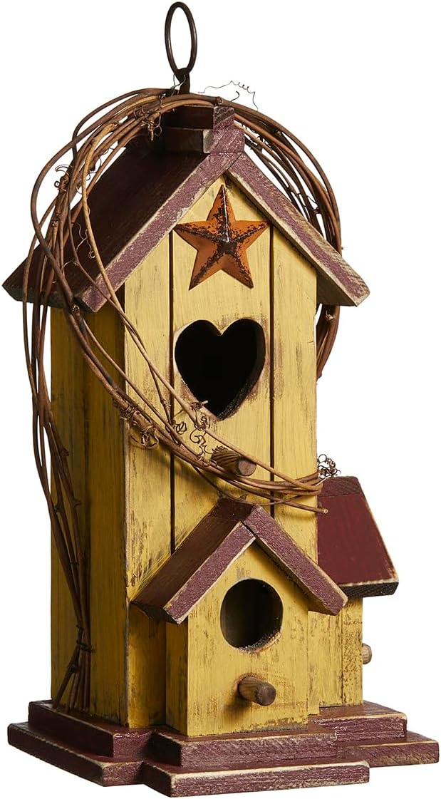 Glitzhome Bird Houses for Outside, Decorative Bird House,11.5"H Distressed Solid Wood Hanging Birdhouses for Outdoors, Hummingbird House Bird Cottage with Rattan for Outdoor Patio Garden,Washed Yellow