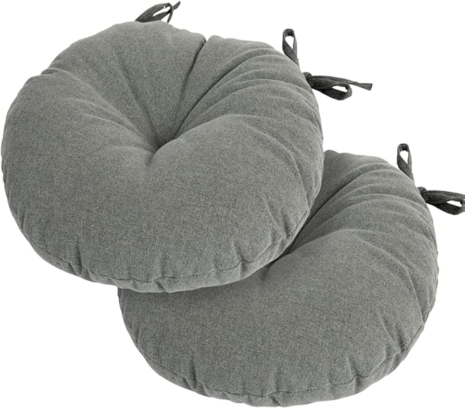 Magpie Fabrics Outdoor 15"x15"x4" Round Bistro Seat Cushions with Ties Set of 2, Tufted Waterproof Patio Floor Chair Pads for Home Garden Balcony Kitchen Office Porch, Dark Grey