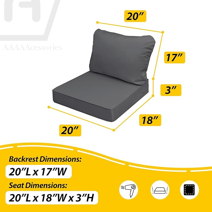 AAAAAcessories Outdoor Seat Cushions for Chairs, Fade-Resistant, Waterproof Patio Furniture Replacement Cushions, 20" x 18" x 3" + 20" x 17", Dark Gray