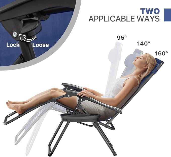 Magshion Zero Gravity Lounge Chairs Set of 2, Outdoor Patio Reclining Chair with Side Tray, Adjustable Anti-Gravity Recliners with Pillow Headrest, Folding Lounger for Lawn Camping Beach, Navy Blue