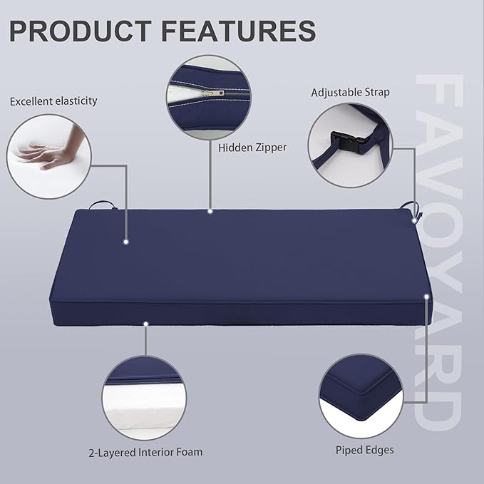 Favoyard Outdoor Bench Cushion 48 x 18 Inch Waterproof Patio Furniture Cushions 3-Year Color Fastness Garden Sofa Settee Couch Swing Pads with Handle and Adjustable Straps, Blue
