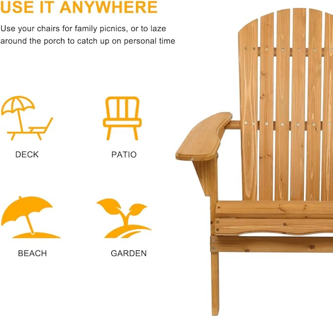 Outvita Wood Adirondack Chair Set of 2, Folding Wooden Lounge Seating, All Weather Outdoor Furniture Chair with Clearance Weather Resistant for Garden Fire Pit Yard Beach Campfire - Teak