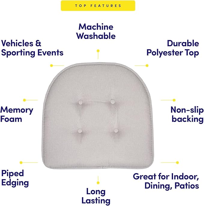 Sweet Home Collection Chair Cushion Memory Foam Pads Tufted Slip Non Skid Rubber Back U-Shaped 17" x 16" Seat Cover, 2 Count (Pack of 1), Light Gray