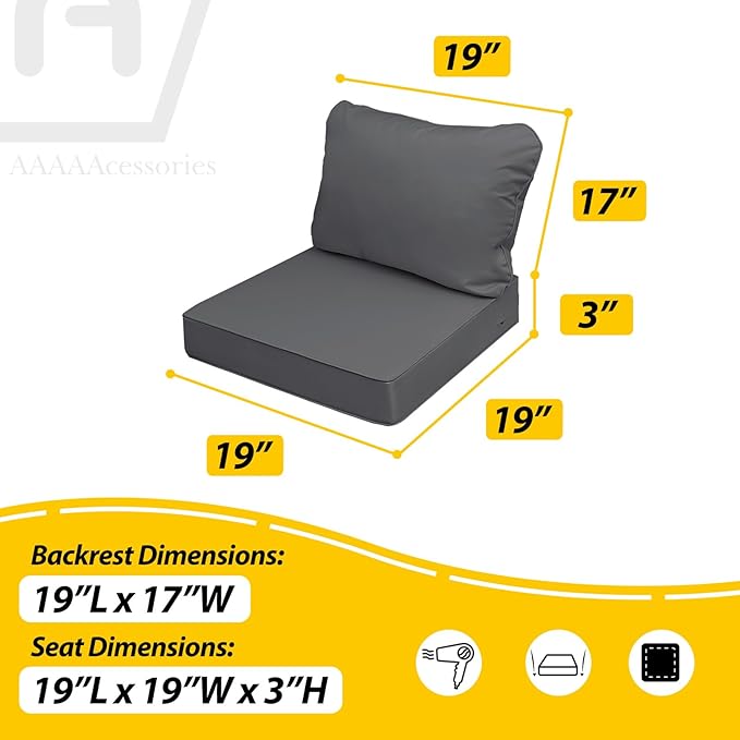 AAAAAcessories Outdoor Seat Cushions for Chairs, Fade-Resistant, Waterproof Patio Furniture Replacement Cushions, 19" x 19" x 3" + 19" x 17", Dark Gray