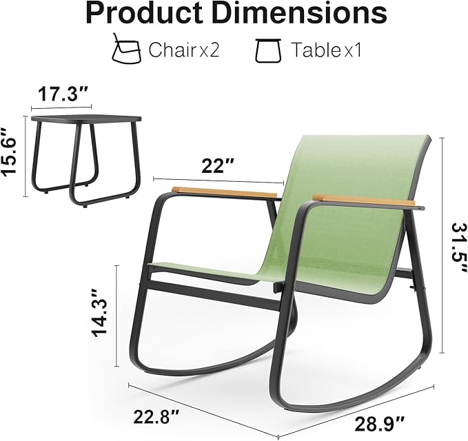 Aiho 3 Piece Patio Bistro Set, Textilene Outdoor Furniture Set with Patio Rocking Chairs with Wooden Armrests and Glass Table for for Lawn, Porch, Balcony, Poolside(Green)