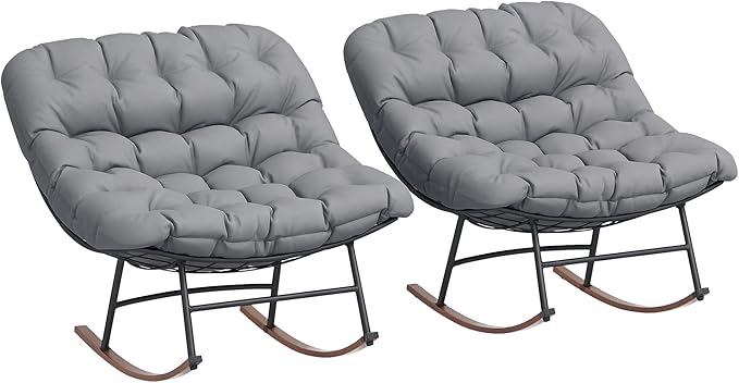 Outsunny Outdoor Rocking Chair Set of 2, Oversized Rocking Papasan Chairs with Cushions, Steel Frame, Comfy Outdoor Rockers for Patio Porch Lawn Garden, Gray