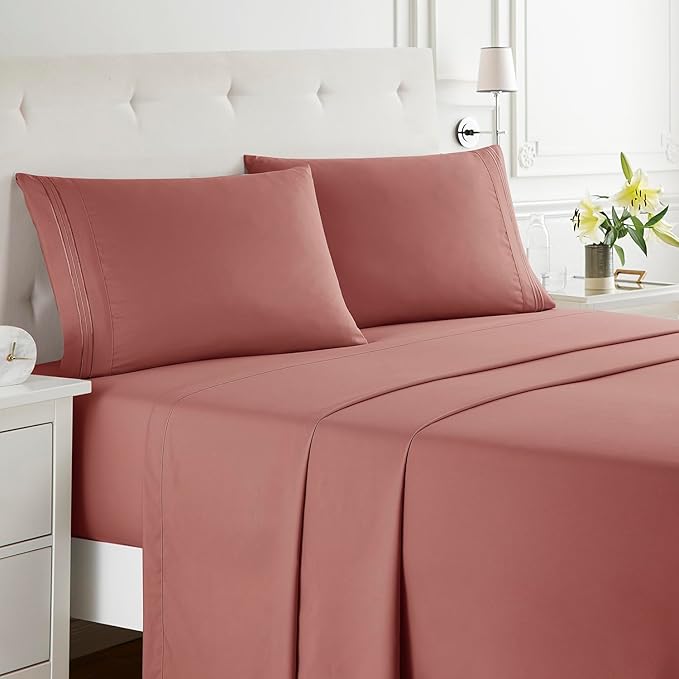 Clara Clark Bed Sheets, Premier 1800 Series Bed Sheet Set, Deep Pocket, Wrinkle, Fade, Stain Resistant, Luxury Soft Bedding Sheets & Pillowcases, Full, Pink Clay