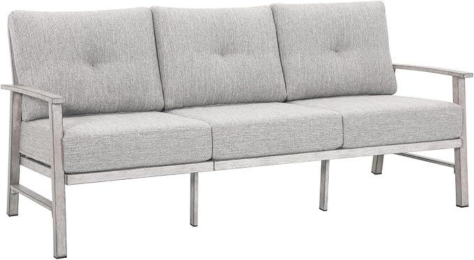 3 Seats Patio Furniture Sofa, Outdoor Aluminum Couch with 5.9'' Soft Cushion, 3-Seater All-Weather Outdoor Patio Furniture Sofa Couch for Balcony, Poolside, Lawn, White Oak