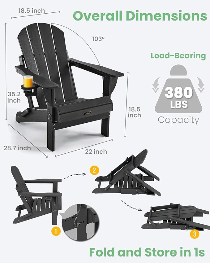 Ciokea Folding Adirondack Chair 6 Pack, Patio Adirondack Chair Weather Resistant, Plastic Fire Pit Chair with Cup Holder, Lawn Chair for Outdoor Porch Garden Backyard Deck (Black)