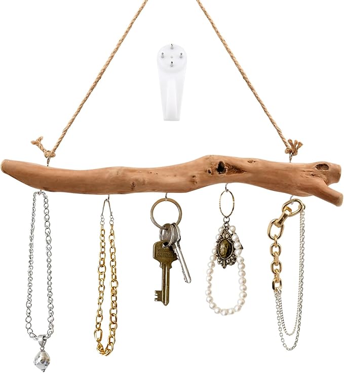 1Pc 15 Inch Natural Driftwood Decorative Branches Farmhouse Home Wall Hanging Decor Hanging Jewelry Organizers with 5 Hooks Decorative Farmhouse Home Wall Decor