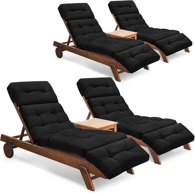 Outdoor Chaise Lounge Chair Cushion Set of 4, Thickened 74.4 x 22 x 4.7 Inches Memory Foam Waterproof Lounge Chair Cushions Replacement for Outdoor Furniture with Ties, Black
