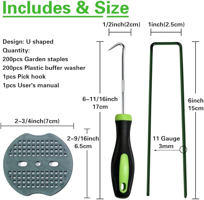 Bakulyor 200pcs Green Artificial Turf Stakes Staples + 200pcs Buffer Washer, 6 Inch 11 Gauge Landscape Staples, Galvanized Lawn Spikes, Heavy Duty Yard Ground Pin for Grass Weed Barrier Sod Fabric