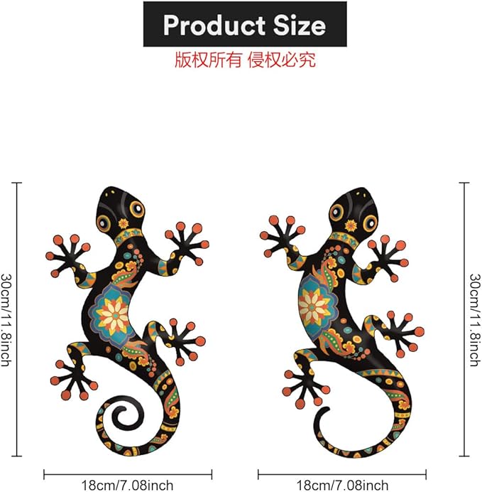 Metal Gecko Outdoor Decor -2 Pack 11.8 inch Metal Lizard Wall Hanging Sculpture Decoration for Indoor or Outdoor, Garden Yard Fence Porch Wall Decorations