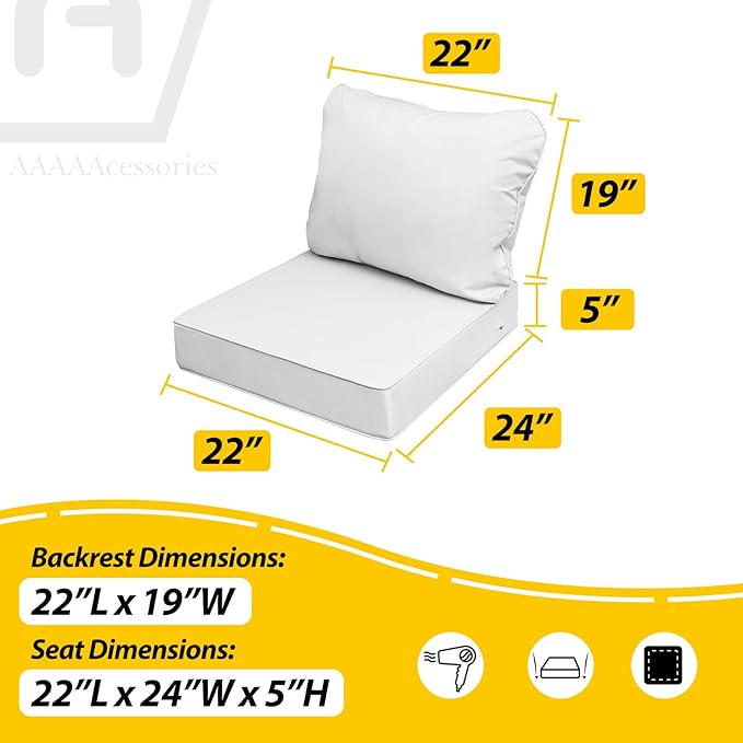 AAAAAcessories Outdoor Seat Cushions for Chairs, Fade-Resistant, Waterproof Patio Furniture Replacement Cushions, 22" x 24" x 5" + 22" x 19", Creamy White