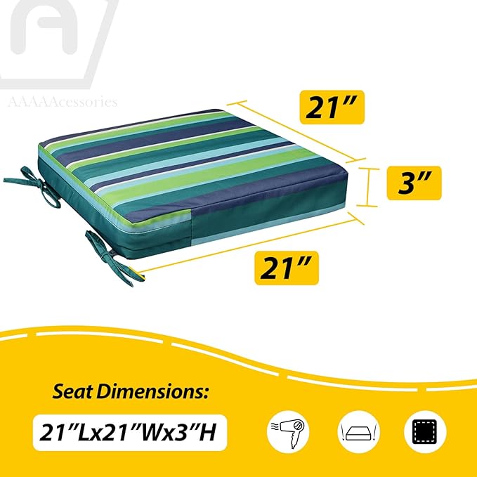 AAAAAcessories Outdoor Seat Cushions for Chairs, Waterproof, Fade-Resistant, 21" x 21" x 3", Patio Furniture Replacement Cushions, Set of 2, Ash Teal Seaside Stripe