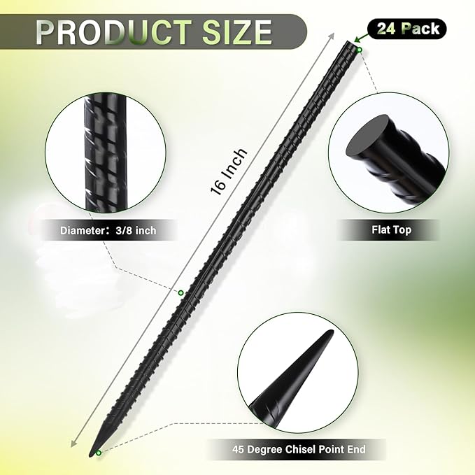 16 Inches Rebar Stakes(24pcs) Heavy Duty Straight Metal Ground Anchors with Chisel Point Ends for Timber,Concrete,Plant Support,Camping Tents,3/8 Inch Thickness Garden Stakes,Black