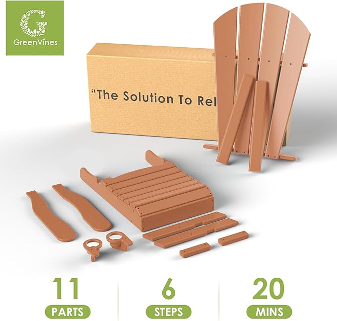 GREENVINES Adirondack-Chairs-with-Ottoman | Folding | Retractable-Footrest | HDPE Plastic | All Weather Fire Pit Chair | Cup Holders | Teak | for Outdoor Poolside