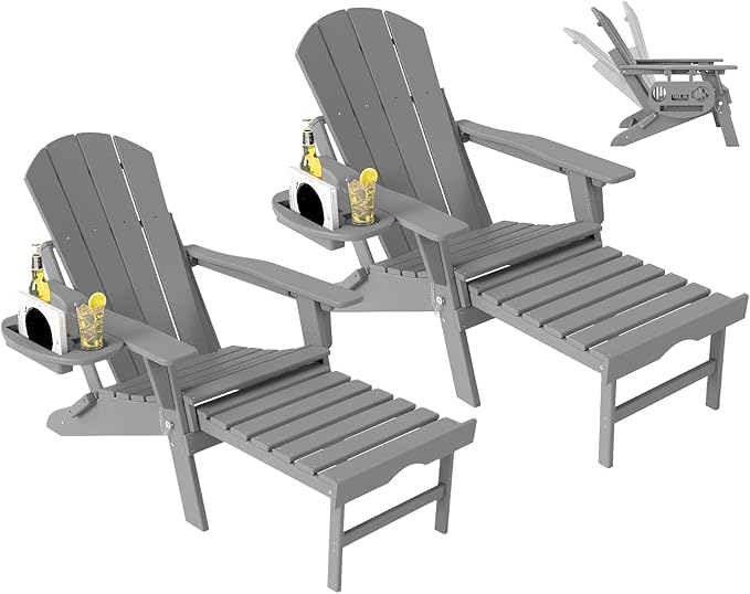 Adjustable Adirondack Chair with Retractable Ottoman Set of 2, HDPE Folding Adirondack Chair with Cup Holder, All Weather Fire Pit Chair for Outdoor,White Grey