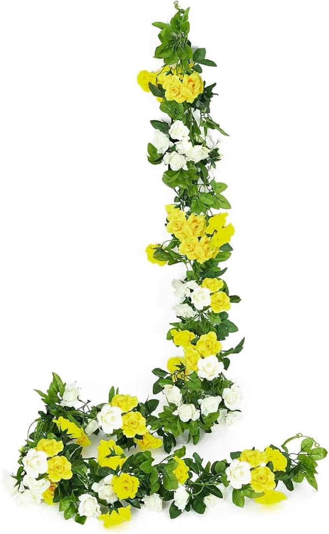 JUSTOYOU Artificial Rose Vines Yellow Flowers Garland Hanging Silk Rose Vine for Wedding Home Office Arch Arrangement Decoration 7.6FT(2PCS)