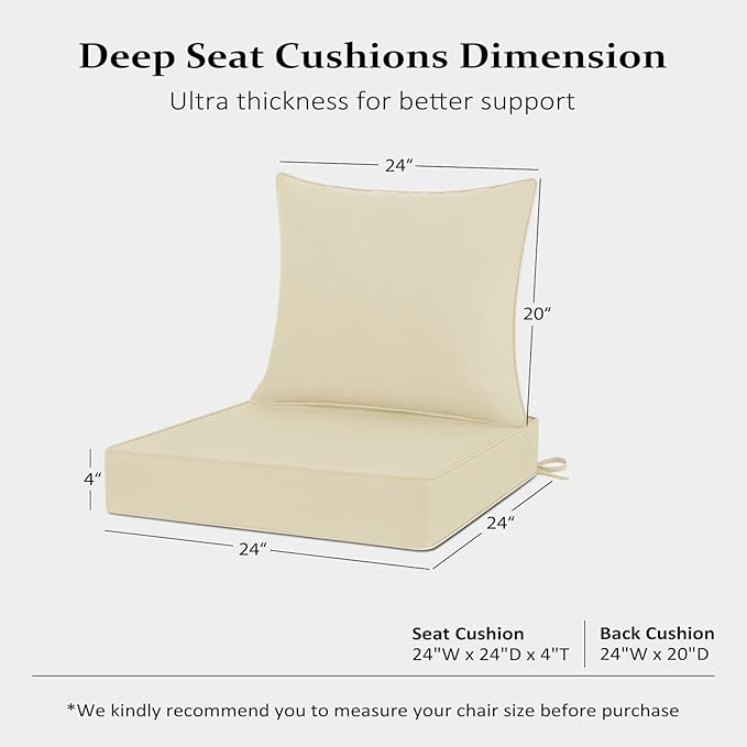 Cozyide Outdoor Chair Cushions 24x24, Washable Patio Furniture Cushions with Removable Cover, Waterproof Outdoor Deep Seat Cushion Set with Non-Slip Ties and Handle, Beige