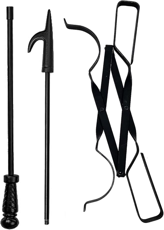 2Pcs Fire Poker and Fire Tongs Set, 32 inch Long Fireplace Poker Stick and 25 Inch Campfire Fireplace Tongs, Log Grabber Fire Pit Tools for Fireplace Wood Stove, Campfire, Bonfires, Indoor & Outdoor