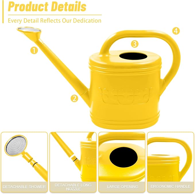 2 Gallon Watering Can, Outdoor Watering Can for Plants, Garden Water Can with Removable Long Spout and Stainless Steel Sprinkler Head, Large Water Can for Greenhouse (Yellow, 2 Gallon)
