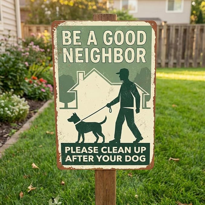 Polite Dog Poop Tin Sign - "Be A Good Neighbor Please Clean Up After Your Dog" Vintage Metal Yard Sign - 8x12 Aluminum Plaque for Lawn, Garden, HOA - Metal Sign Aesthetic Reminder