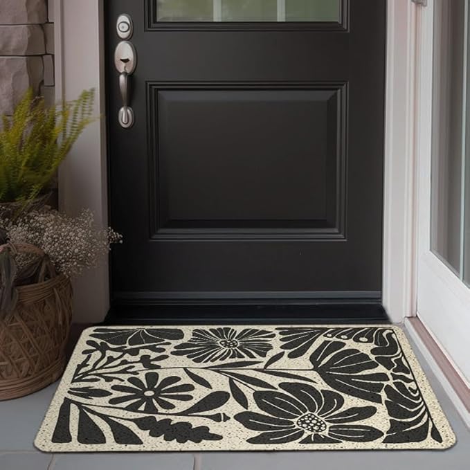 Boho Beige and Black Floral Door Mat - Bohemian Neutral Floral Front Door Welcome Mats Outdoor Entrance, 17x30 Rug